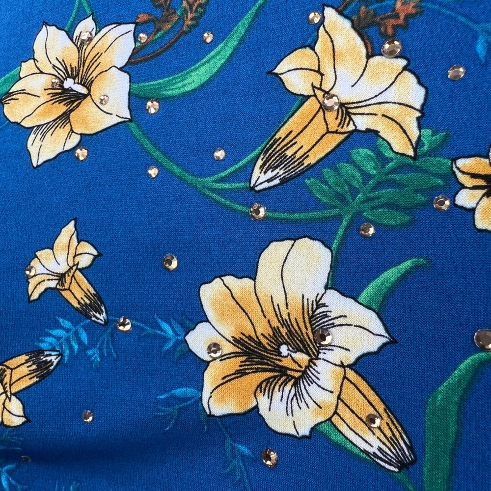 Floral Rhinestone Puff Sleeve Top Womens Medium Blue Sheer‎ Boho Cottage Party - Picture 9 of 12